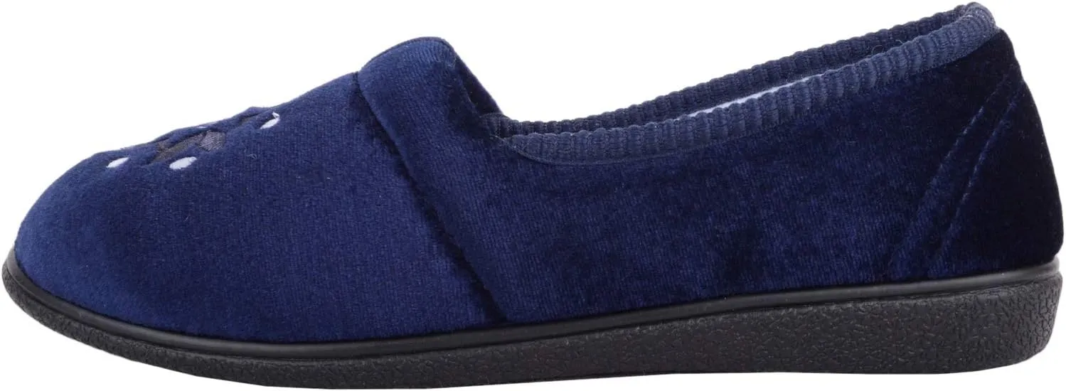 ABSOLUTE FOOTWEAR Womens Slip On Velour Style Slippers with Embroidery Motif