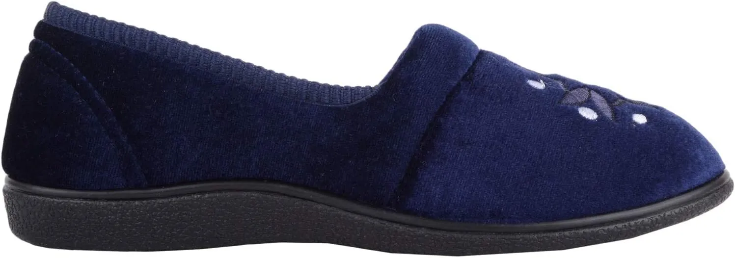 ABSOLUTE FOOTWEAR Womens Slip On Velour Style Slippers with Embroidery Motif