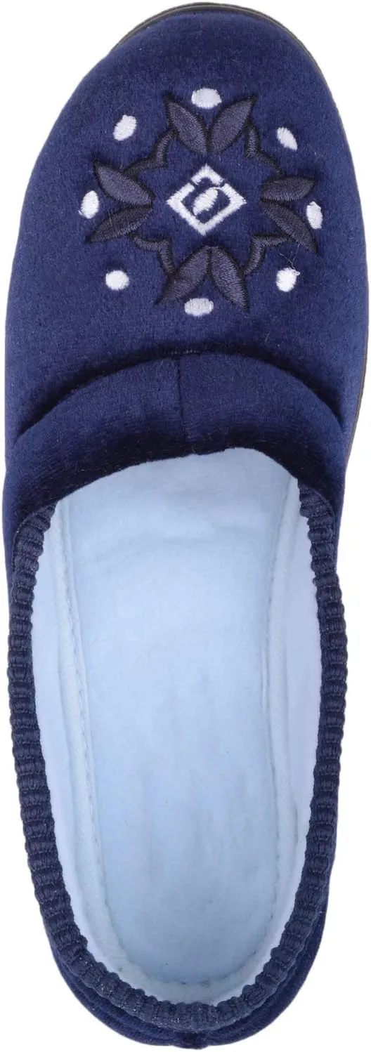 ABSOLUTE FOOTWEAR Womens Slip On Velour Style Slippers with Embroidery Motif