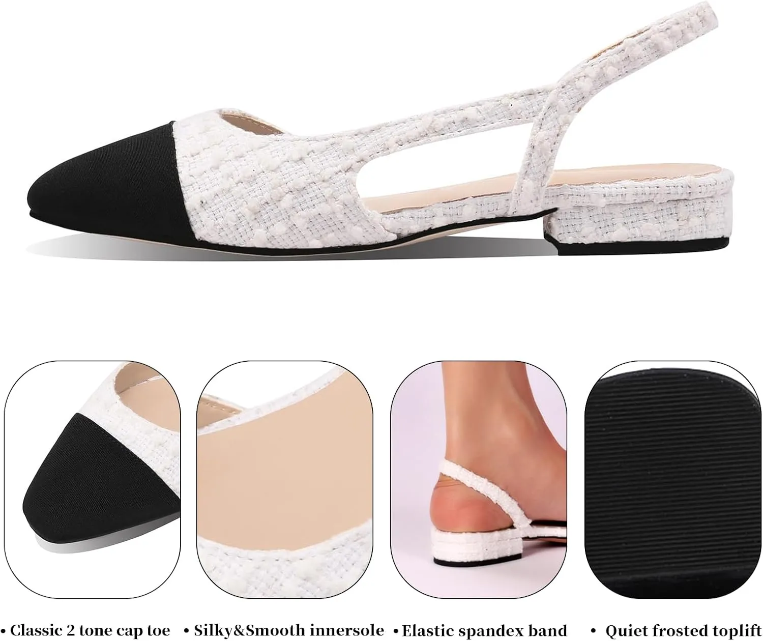 Adrizzlein Womens Slingback Flat Pumps Closed Round Toe Two Toned Casual Flat Office Shoes