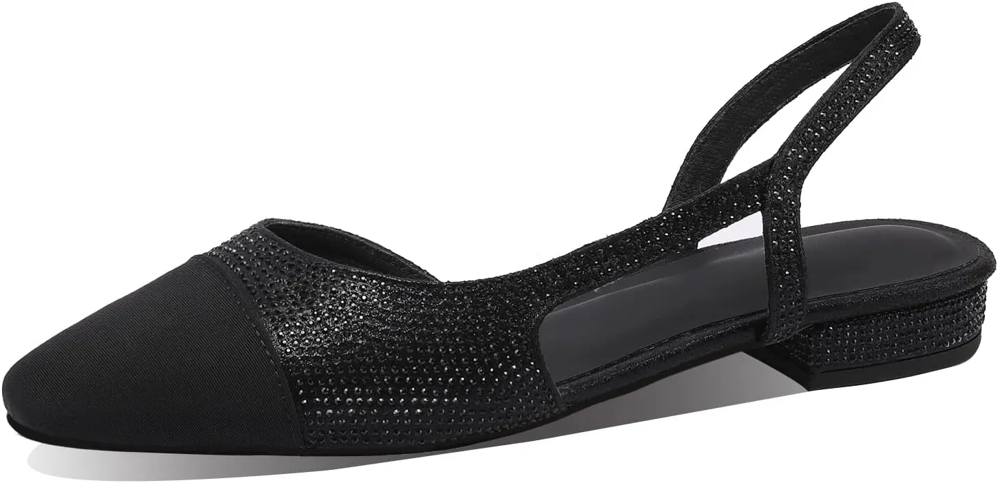 Adrizzlein Womens Slingback Flat Pumps Closed Round Toe Two Toned Casual Flat Office Shoes