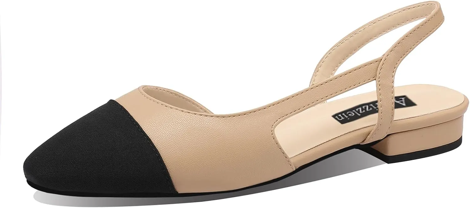 Adrizzlein Womens Slingback Flat Pumps Closed Round Toe Two Toned Casual Flat Office Shoes