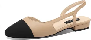 Adrizzlein Womens Slingback Flat Pumps Closed Round Toe Two Toned Casual Flat Office Shoes