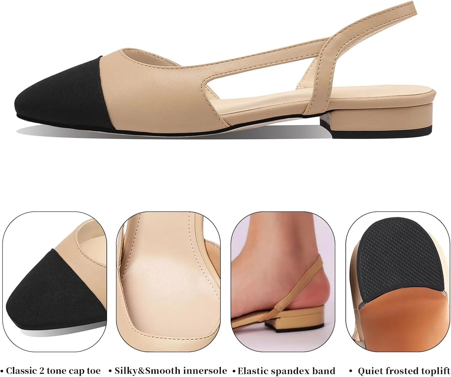 Adrizzlein Womens Slingback Flat Pumps Closed Round Toe Two Toned Casual Flat Office Shoes