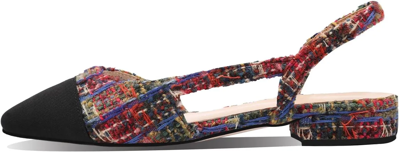 Adrizzlein Womens Slingback Flat Pumps Closed Round Toe Two Toned Casual Flat Office Shoes