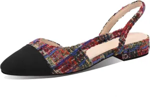 Adrizzlein Womens Slingback Flat Pumps Closed Round Toe Two Toned Casual Flat Office Shoes