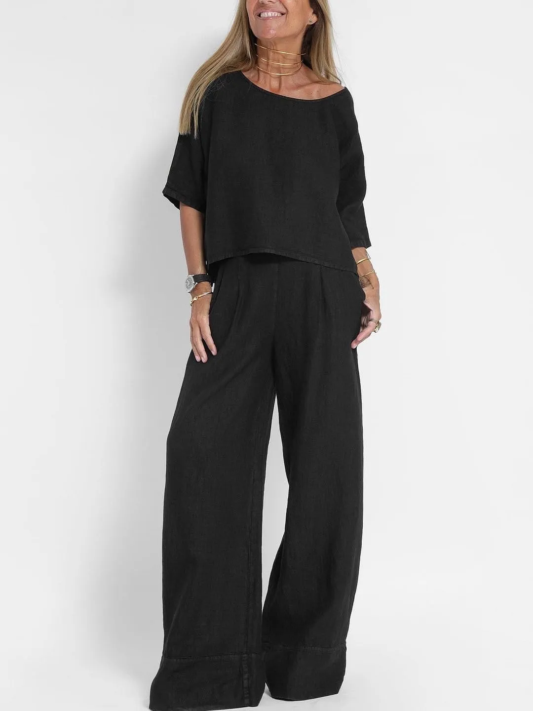 Akivide Women 2 Piece Outfits Casual Beach Linen Lounge Matching Two Piece Set Half Sleeve Top Wide Leg Pant Suit