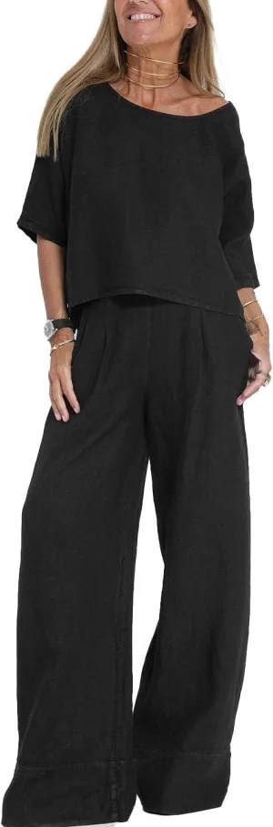Akivide Women 2 Piece Outfits Casual Beach Linen Lounge Matching Two Piece Set Half Sleeve Top Wide Leg Pant Suit