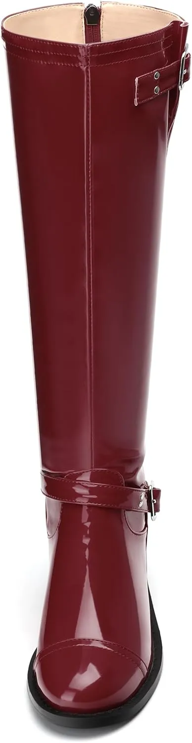 AMBELIGHT Flat Knee High Boots for Women Zipper Round Toe Patent Low Heel Wide Calf Long Boots Casual Fall Winter Tall Boots