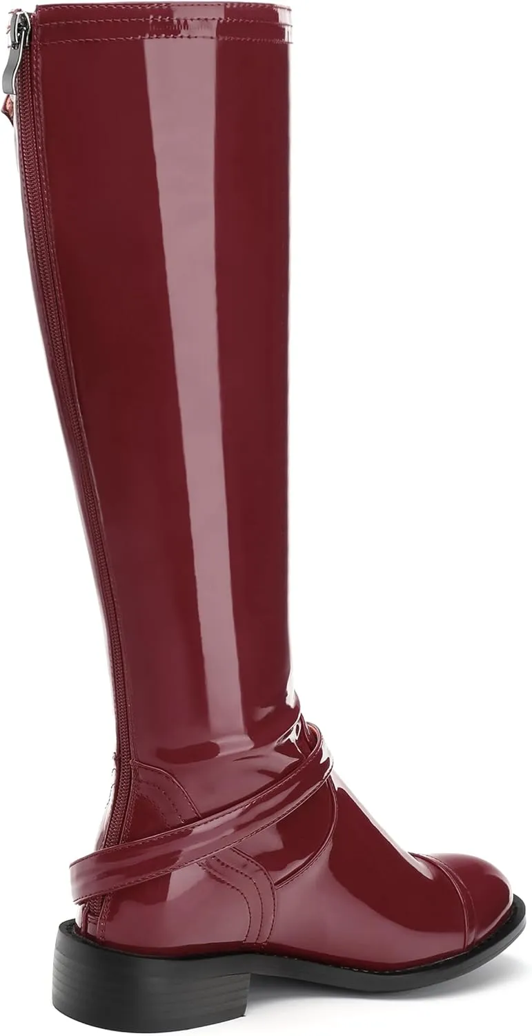 AMBELIGHT Flat Knee High Boots for Women Zipper Round Toe Patent Low Heel Wide Calf Long Boots Casual Fall Winter Tall Boots