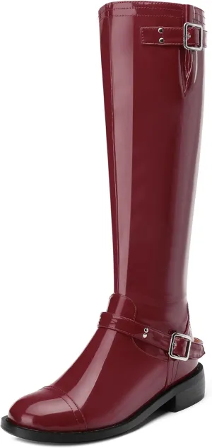 AMBELIGHT Flat Knee High Boots for Women Zipper Round Toe Patent Low Heel Wide Calf Long Boots Casual Fall Winter Tall Boots