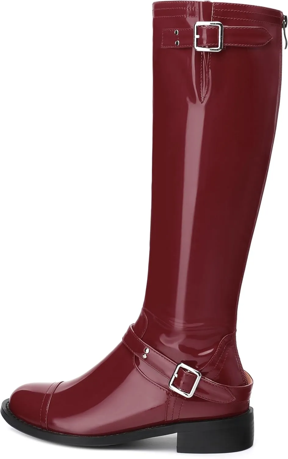 AMBELIGHT Flat Knee High Boots for Women Zipper Round Toe Patent Low Heel Wide Calf Long Boots Casual Fall Winter Tall Boots