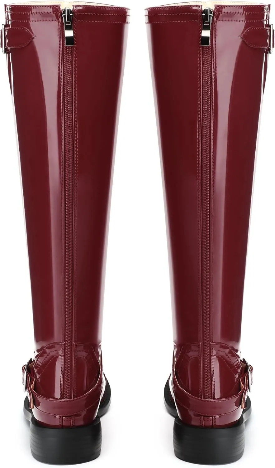 AMBELIGHT Flat Knee High Boots for Women Zipper Round Toe Patent Low Heel Wide Calf Long Boots Casual Fall Winter Tall Boots