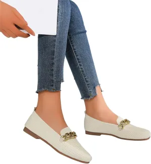 AMDBEL Platform Loafers for Women with Chain Trim Comfort Flat Shoes Slip On Square Toe Business Work Shoes Casual Walking Shoes Knit Breathable Mesh Air Cushion Flats Low Wedge Sneakers 02 Beige