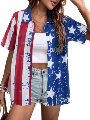 American Flag Shirt Women Patriotic Shirts 4th of July Tops USA Stars Stripes Blouses Memorial Day Button Down Shirts