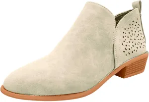 Ankle Boots for Women, Casual Perforated Side V Cut Low Heel Cut Out Slip On Short Chunky Stacked Heel Western Boots
