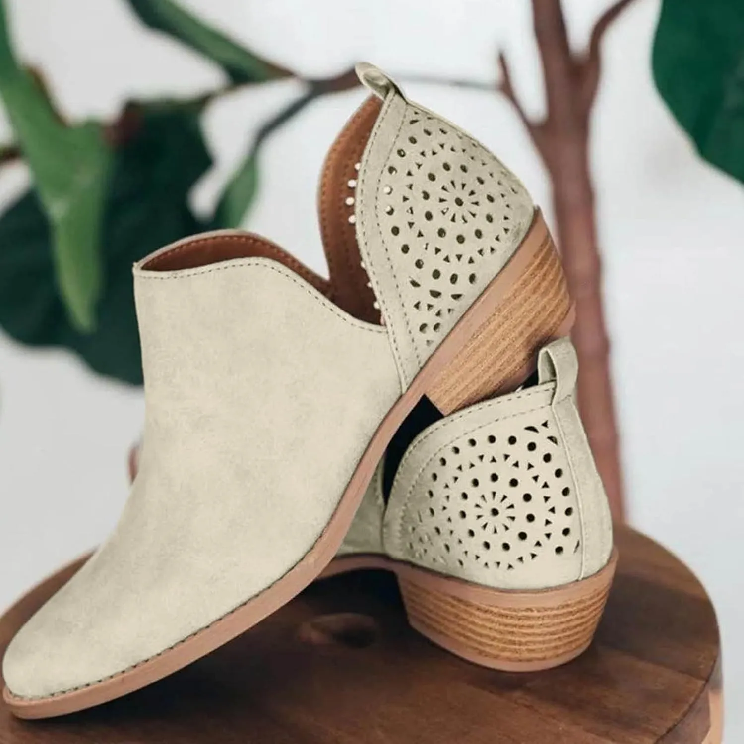 Ankle Boots for Women, Casual Perforated Side V Cut Low Heel Cut Out Slip On Short Chunky Stacked Heel Western Boots