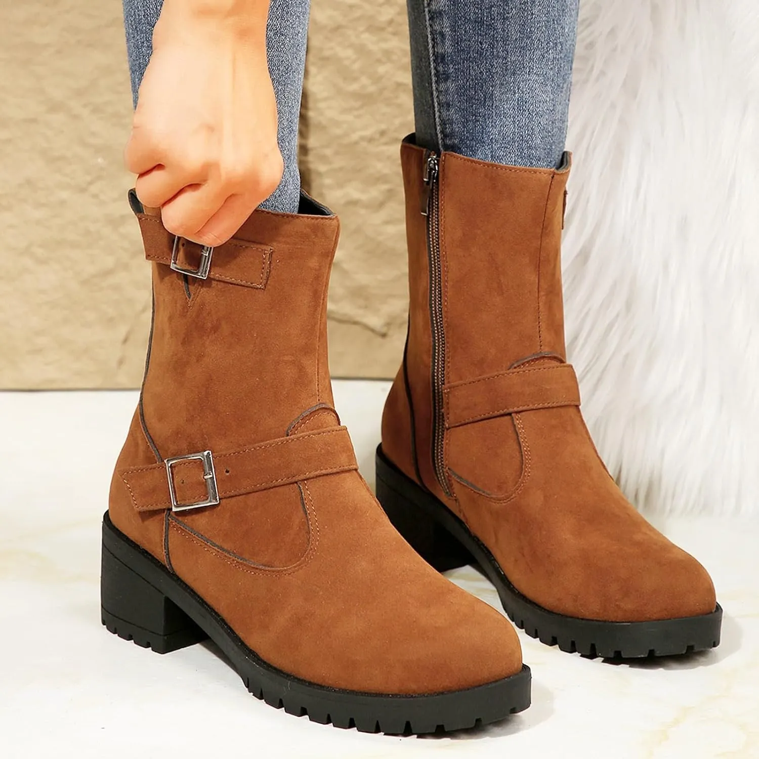 Ankle Boots for Women, Classic Suede Chunky Heel Side Zipper Fashion Boots With Block Buckle Low Heel Mid-Calf Boots