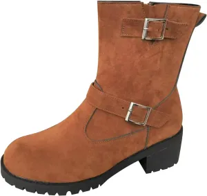 Ankle Boots for Women, Classic Suede Chunky Heel Side Zipper Fashion Boots With Block Buckle Low Heel Mid-Calf Boots