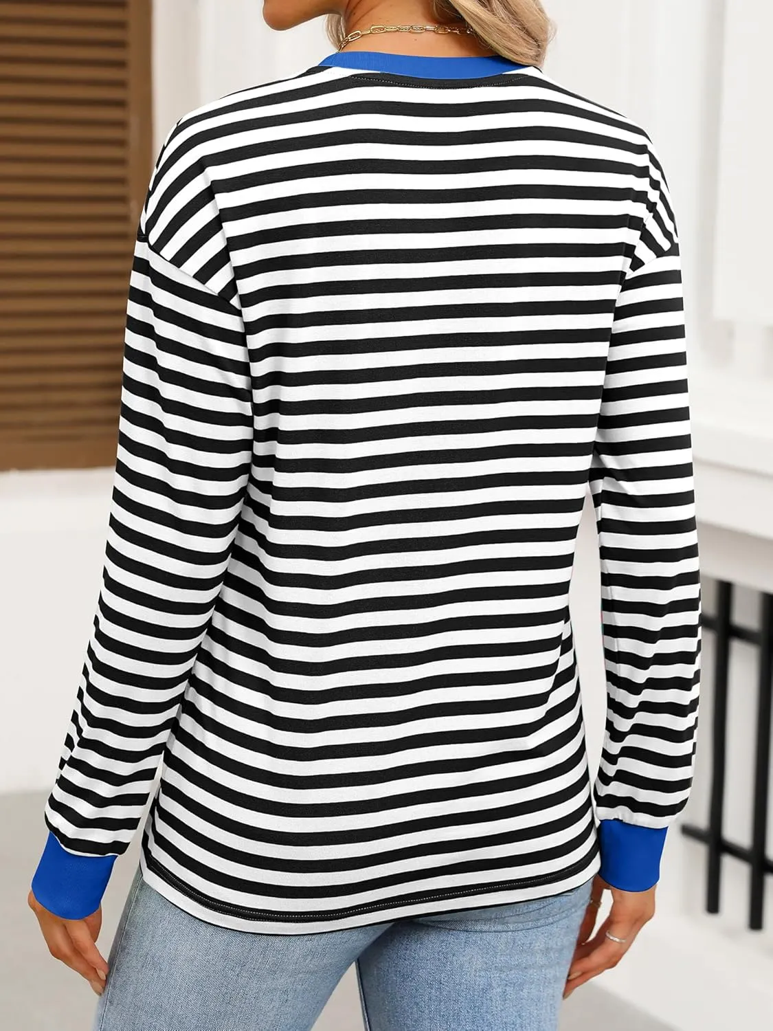 ANRABESS Long Sleeve Shirts for Women Striped Crewneck Loose Fit Tunic Tops 2024 Fall Color Block T-Shirt