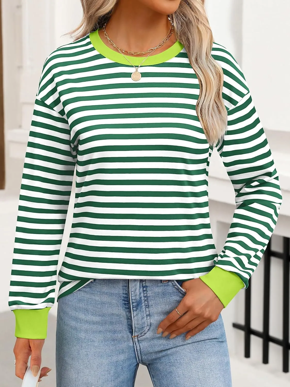 ANRABESS Long Sleeve Shirts for Women Striped Crewneck Loose Fit Tunic Tops 2024 Fall Color Block T-Shirt
