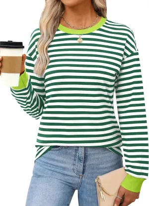 ANRABESS Long Sleeve Shirts for Women Striped Crewneck Loose Fit Tunic Tops 2024 Fall Color Block T-Shirt
