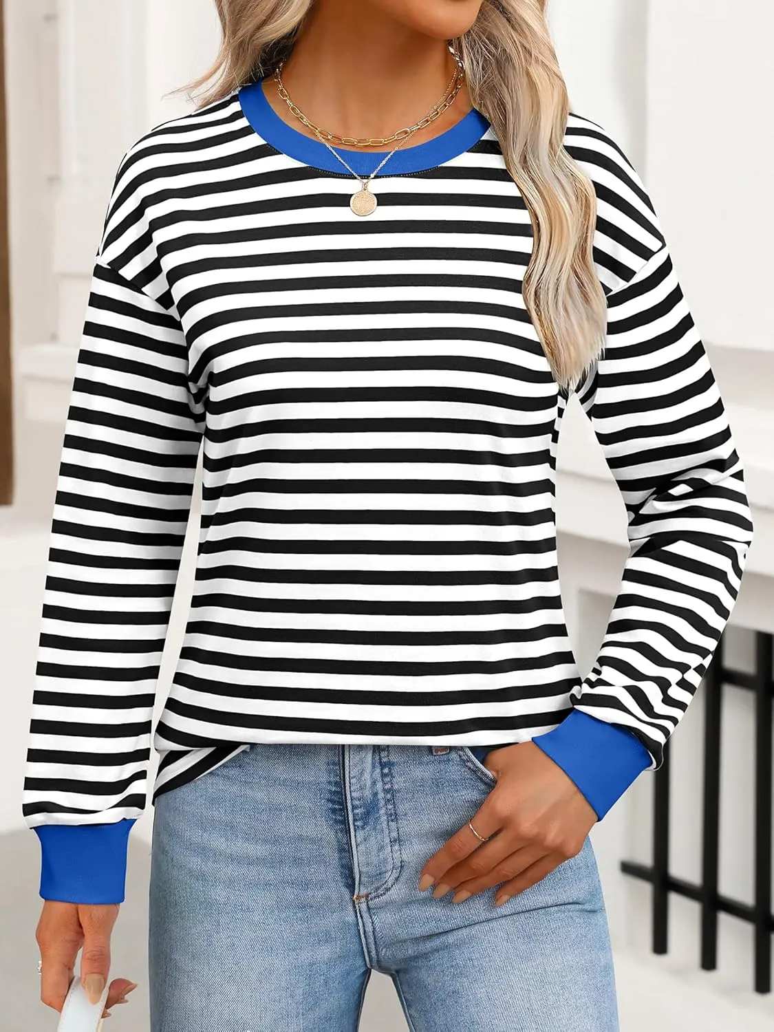 ANRABESS Long Sleeve Shirts for Women Striped Crewneck Loose Fit Tunic Tops 2024 Fall Color Block T-Shirt