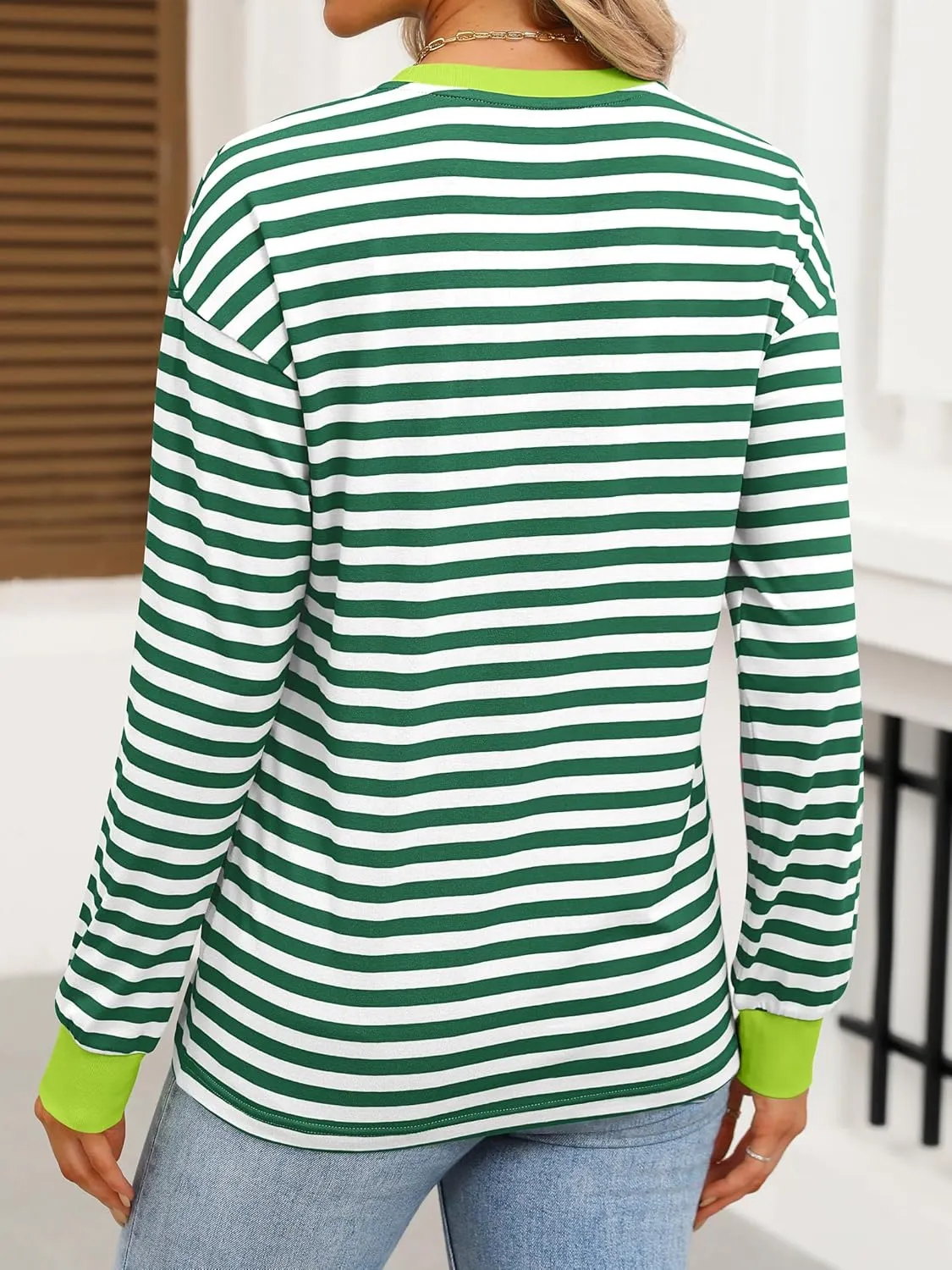 ANRABESS Long Sleeve Shirts for Women Striped Crewneck Loose Fit Tunic Tops 2024 Fall Color Block T-Shirt