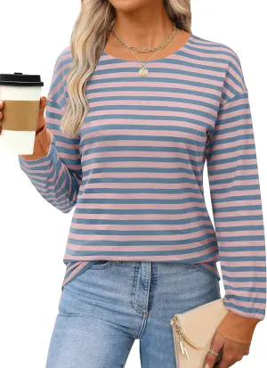 ANRABESS Long Sleeve Shirts for Women Striped Crewneck Loose Fit Tunic Tops 2024 Fall Color Block T-Shirt