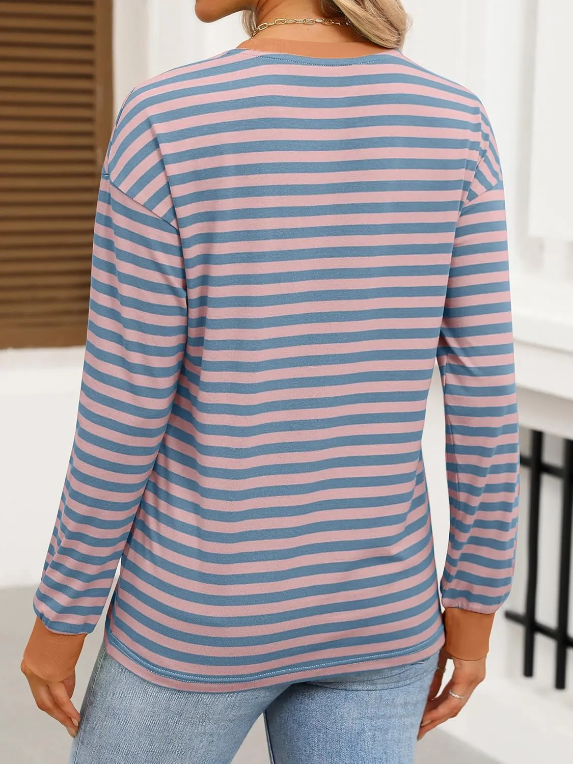 ANRABESS Long Sleeve Shirts for Women Striped Crewneck Loose Fit Tunic Tops 2024 Fall Color Block T-Shirt