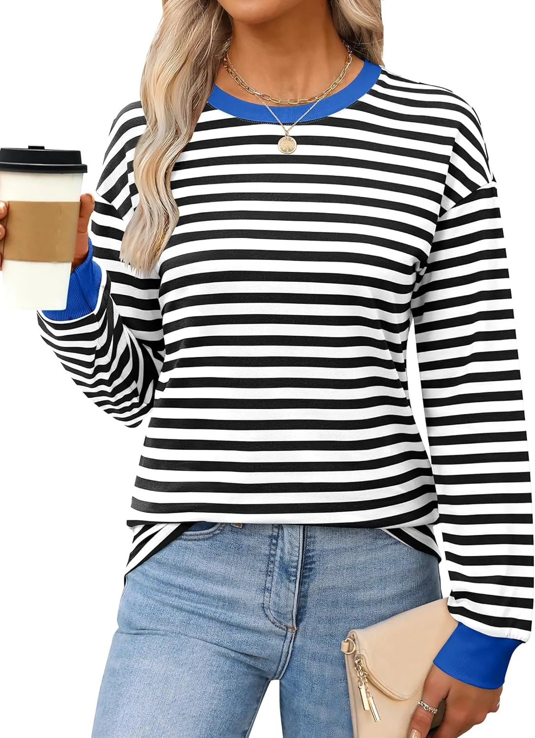 ANRABESS Long Sleeve Shirts for Women Striped Crewneck Loose Fit Tunic Tops 2024 Fall Color Block T-Shirt