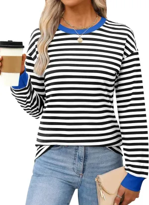 ANRABESS Long Sleeve Shirts for Women Striped Crewneck Loose Fit Tunic Tops 2024 Fall Color Block T-Shirt