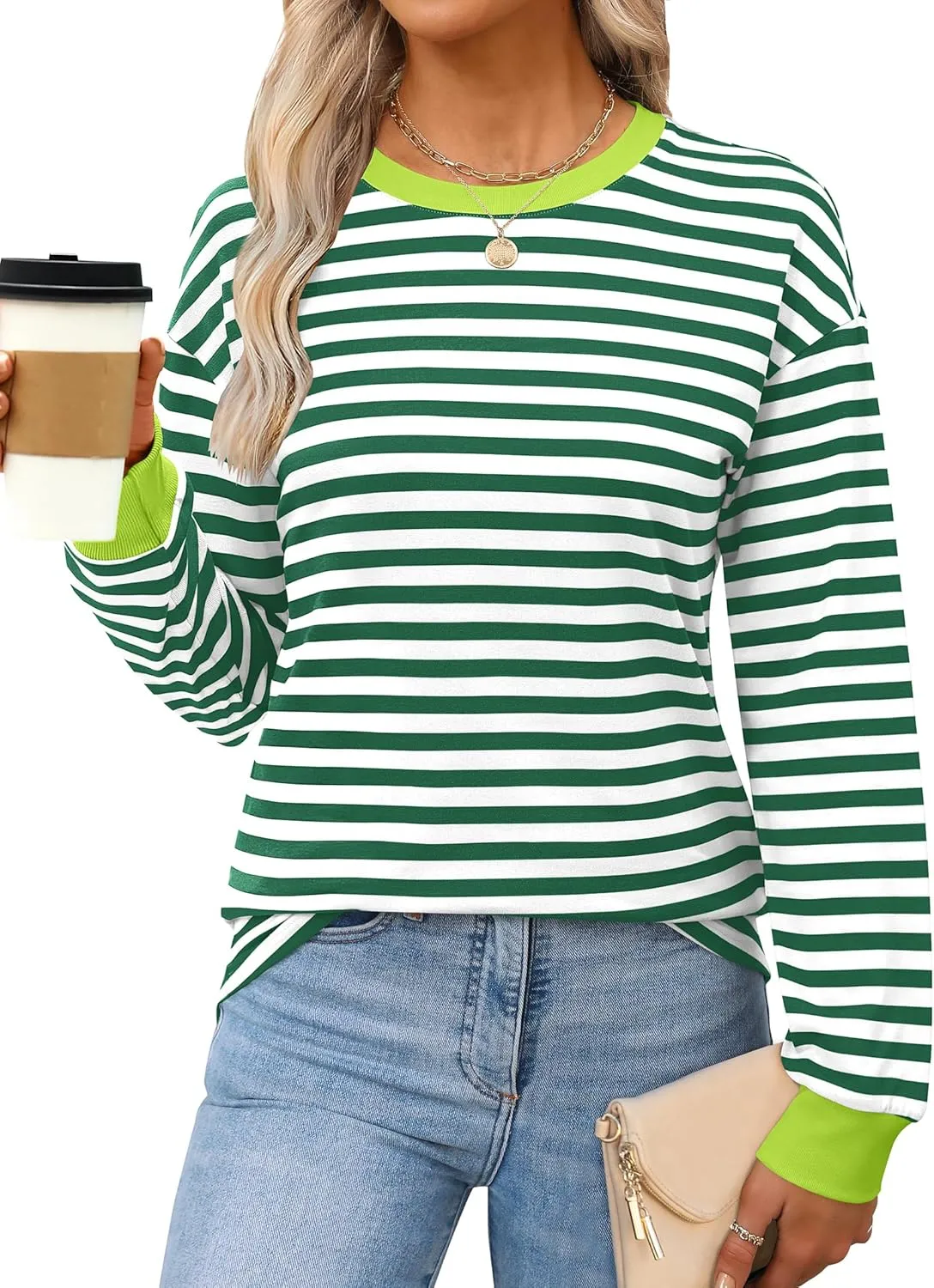 ANRABESS Long Sleeve Shirts for Women Striped Crewneck Loose Fit Tunic Tops 2024 Fall Color Block T-Shirt