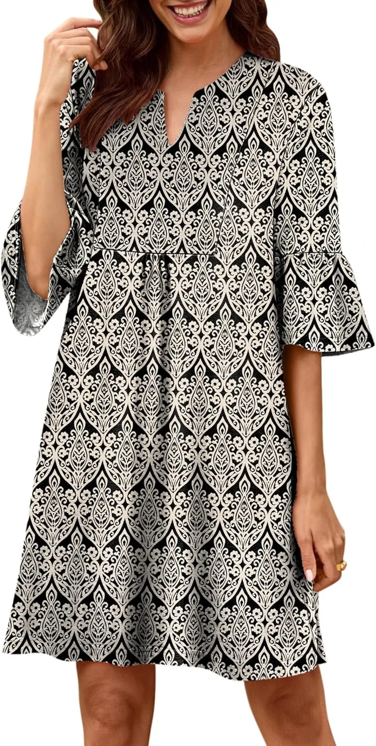 ANRABESS Women Mini Dress Summer V Neck Ruffle Short Sleeve Shift Casual Tunic Dresses 2025 Loose Beach Vacation Outfits