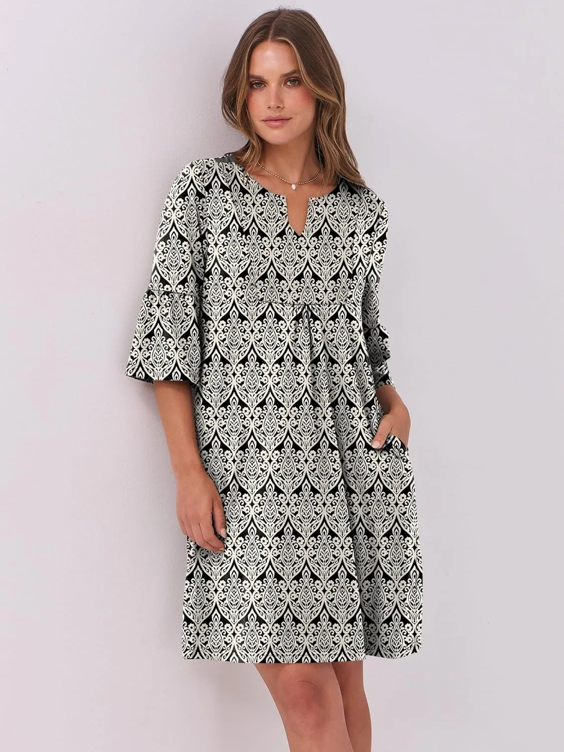 ANRABESS Women Mini Dress Summer V Neck Ruffle Short Sleeve Shift Casual Tunic Dresses 2025 Loose Beach Vacation Outfits