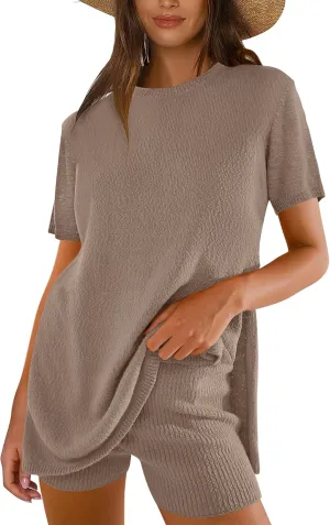 ANRABESS Women Summer 2 Piece Outfits Knit Short Sets Casual Sweater Top & Shorts Matching Lounge Set 2025 Beach Clothes