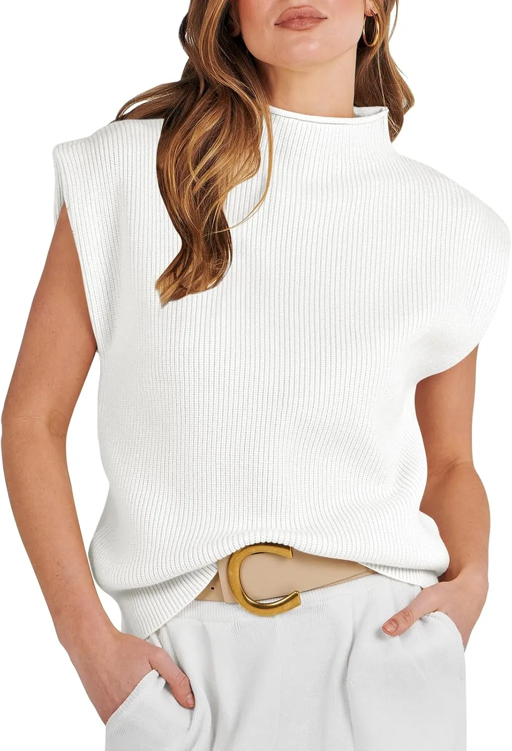 ANRABESS Women's Mock Neck Sleeveless Sweater Vest Casual Cap Sleeve Knit Pullover Tank Tops 2025 Spring Summer Clothes
