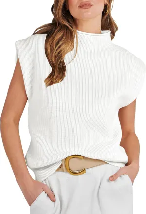 ANRABESS Women's Mock Neck Sleeveless Sweater Vest Casual Cap Sleeve Knit Pullover Tank Tops 2025 Spring Summer Clothes