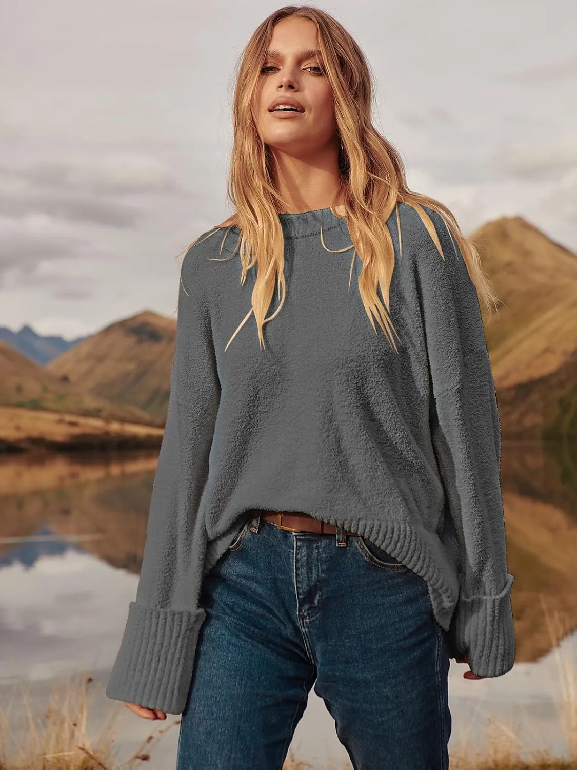 ANRABESS Women's Oversized Crewneck Long Sleeve Fuzzy Knit Casual Chunky Warm 2025 Fall Pullover Sweaters Top Trendy Outfits
