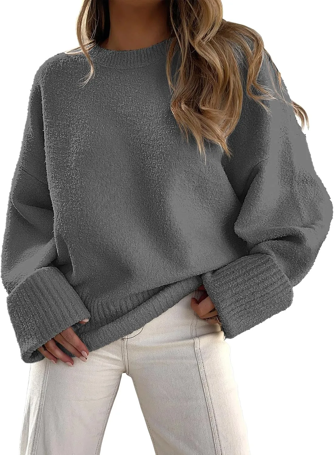 ANRABESS Women's Oversized Crewneck Long Sleeve Fuzzy Knit Casual Chunky Warm 2025 Fall Pullover Sweaters Top Trendy Outfits