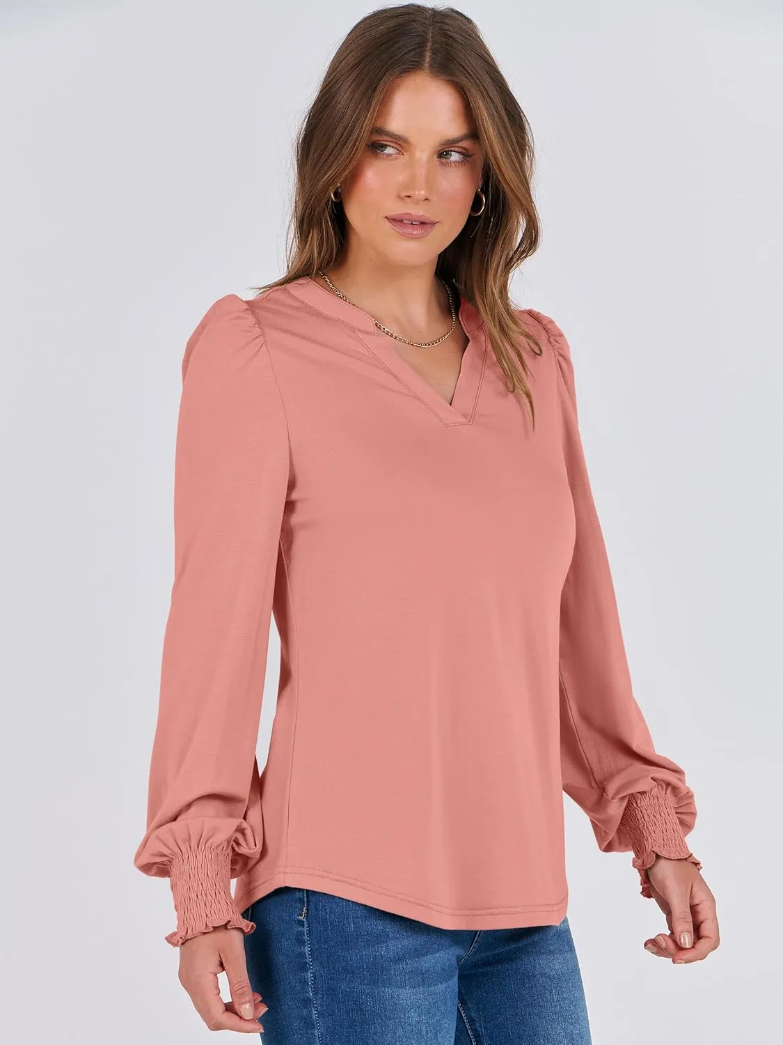 ANRABESS Women's Puff Long Sleeve Shirts V Neck Loose T-Shirts Dressy Casual Work Blouses 2024 Fall Tops Trendy Clothes