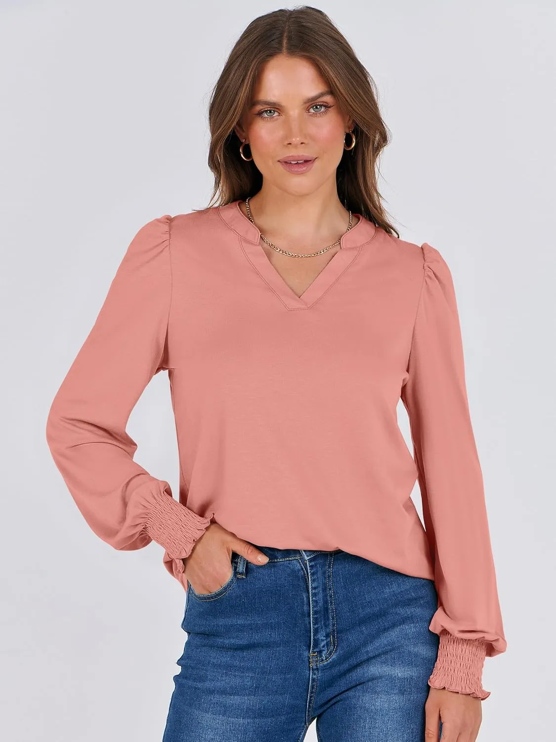 ANRABESS Women's Puff Long Sleeve Shirts V Neck Loose T-Shirts Dressy Casual Work Blouses 2024 Fall Tops Trendy Clothes