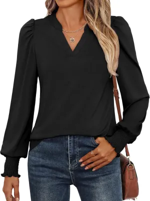 ANRABESS Women's Puff Long Sleeve Shirts V Neck Loose T-Shirts Dressy Casual Work Blouses 2024 Fall Tops Trendy Clothes