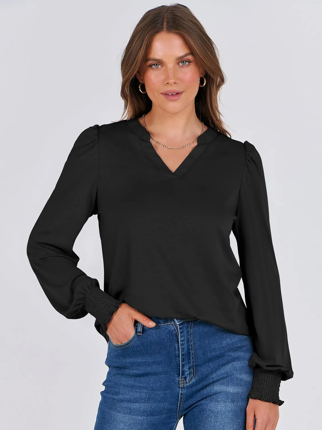 ANRABESS Women's Puff Long Sleeve Shirts V Neck Loose T-Shirts Dressy Casual Work Blouses 2024 Fall Tops Trendy Clothes