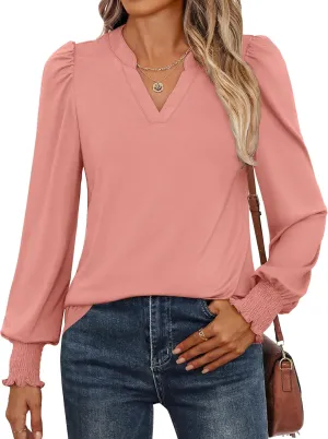 ANRABESS Women's Puff Long Sleeve Shirts V Neck Loose T-Shirts Dressy Casual Work Blouses 2024 Fall Tops Trendy Clothes