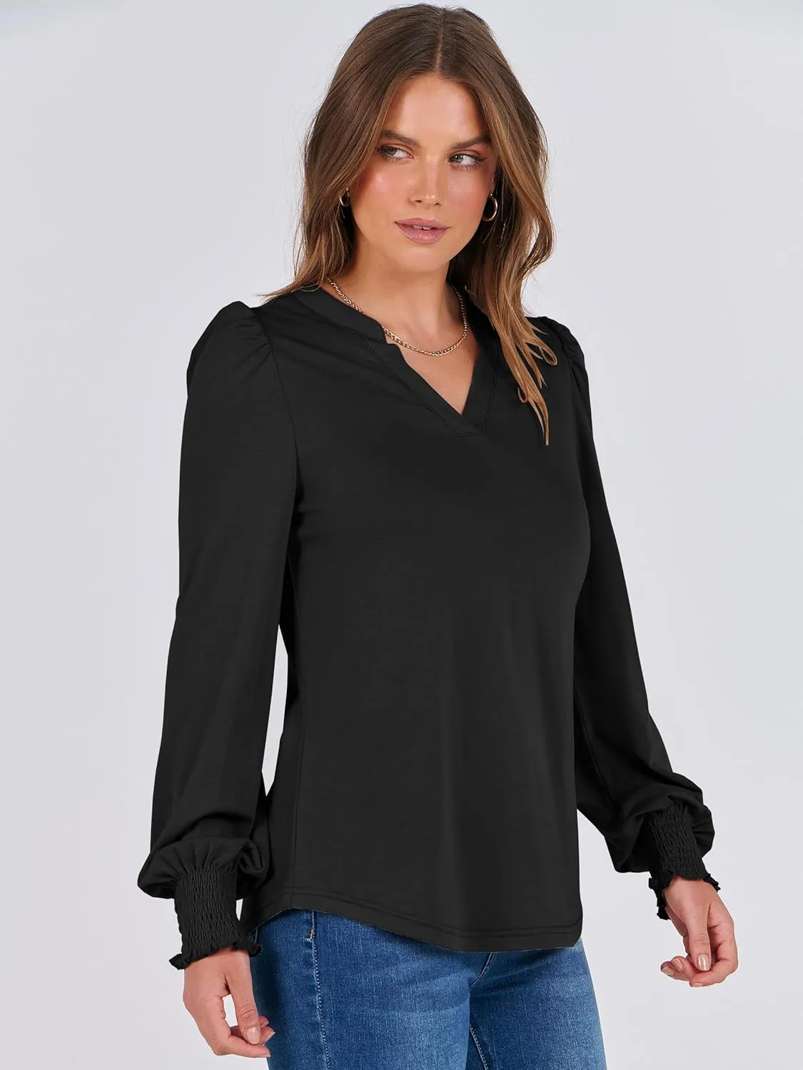 ANRABESS Women's Puff Long Sleeve Shirts V Neck Loose T-Shirts Dressy Casual Work Blouses 2024 Fall Tops Trendy Clothes