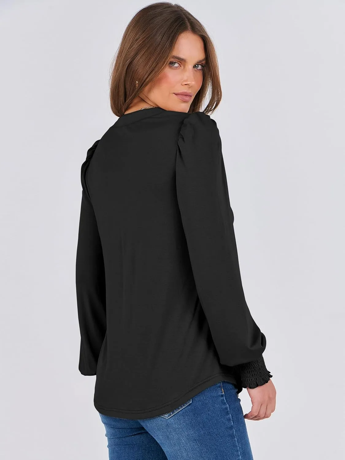 ANRABESS Women's Puff Long Sleeve Shirts V Neck Loose T-Shirts Dressy Casual Work Blouses 2024 Fall Tops Trendy Clothes