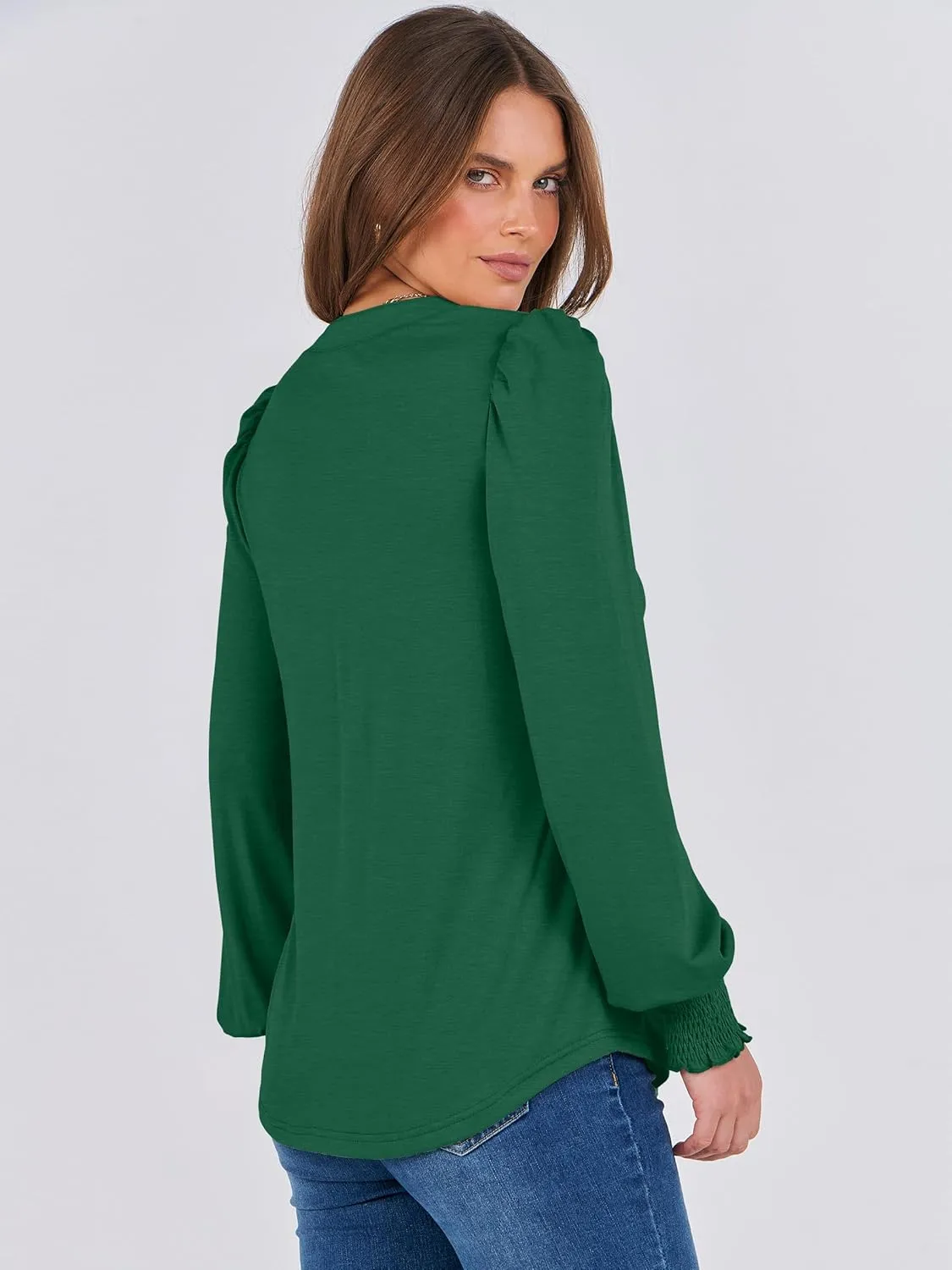 ANRABESS Women's Puff Long Sleeve Shirts V Neck Loose T-Shirts Dressy Casual Work Blouses 2024 Fall Tops Trendy Clothes
