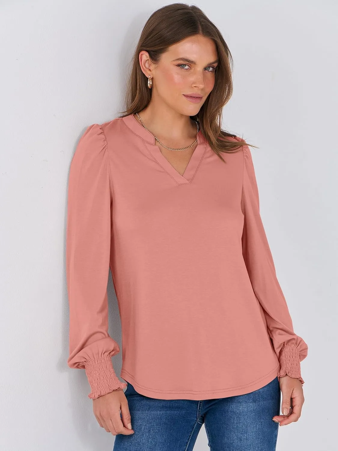 ANRABESS Women's Puff Long Sleeve Shirts V Neck Loose T-Shirts Dressy Casual Work Blouses 2024 Fall Tops Trendy Clothes