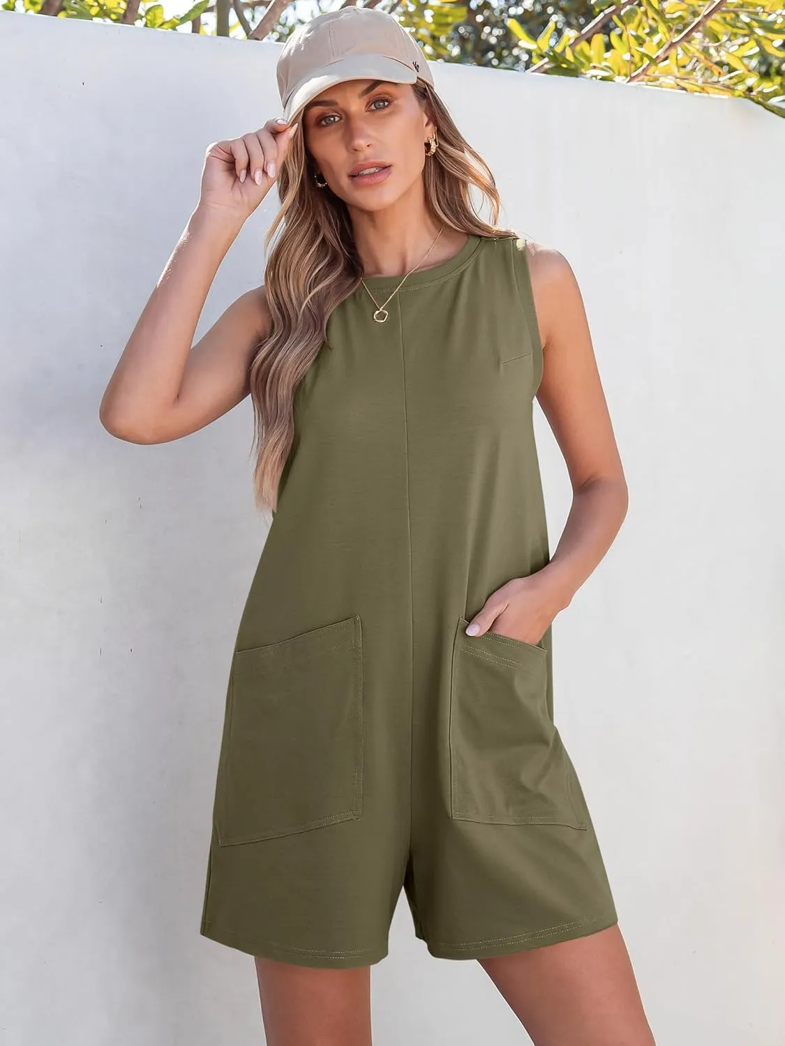 ANRABESS Womens Romper Casual Loose Sleeveless 2025 Summer One Piece Outfit Crewneck Short Jumpsuit Overall Outfits & Pockets